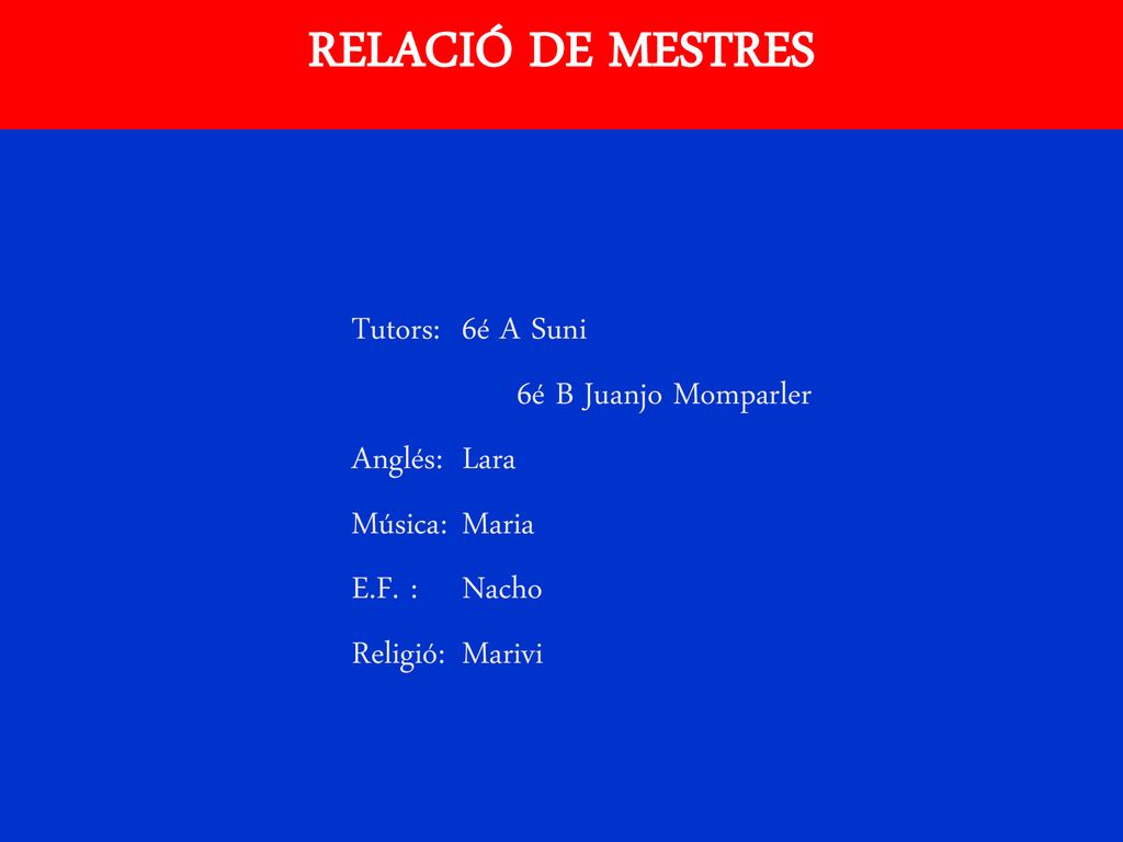 RELACIÓ DE MESTRES Tutors: 6é A Suni 6é B Juanjo Momparler