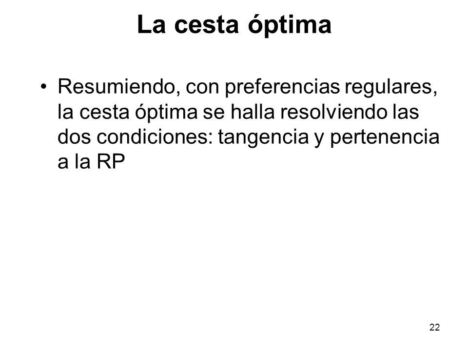 La cesta óptima Resumiendo, con preferencias regulares, la cesta óptima se halla resolviendo las dos condiciones: tangencia y pertenencia a la RP.