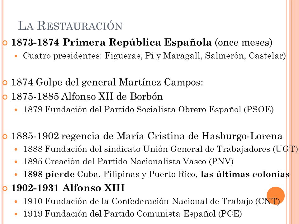 La Restauración Primera República Española (once meses)