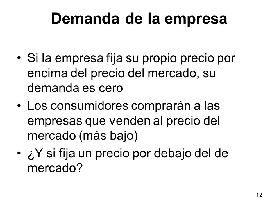 Demanda de la empresa Si la empresa fija su propio precio por encima del precio del mercado, su demanda es cero.