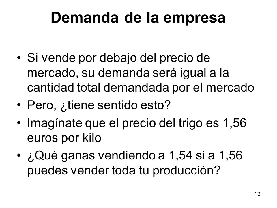 Demanda de la empresa Si vende por debajo del precio de mercado, su demanda será igual a la cantidad total demandada por el mercado.