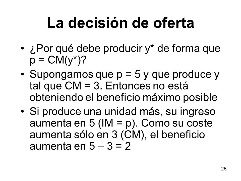 La decisión de oferta ¿Por qué debe producir y* de forma que p = CM(y*)