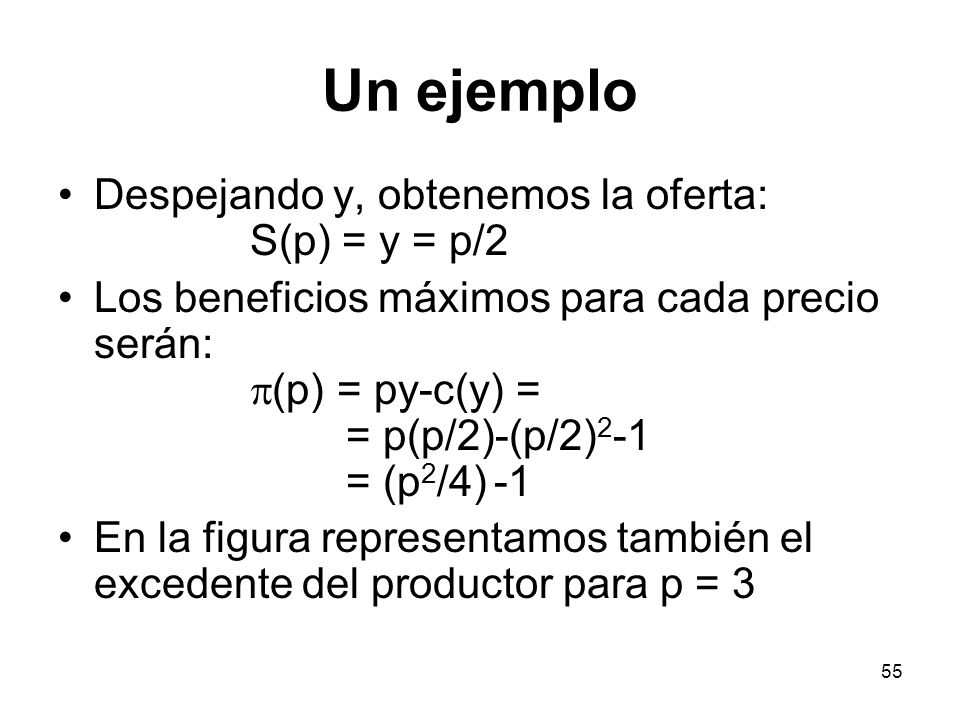 Un ejemplo Despejando y, obtenemos la oferta: S(p) = y = p/2