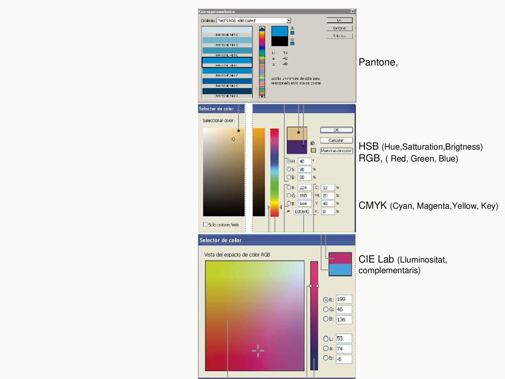Pantone, HSB (Hue,Satturation,Brigtness) RGB, ( Red, Green, Blue) CMYK (Cyan, Magenta,Yellow, Key) CIE Lab (Lluminositat, complementaris)