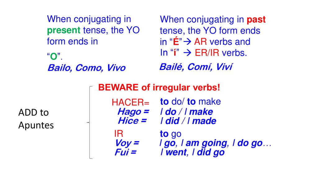 ADD to Apuntes When conjugating in present tense, the YO form ends in