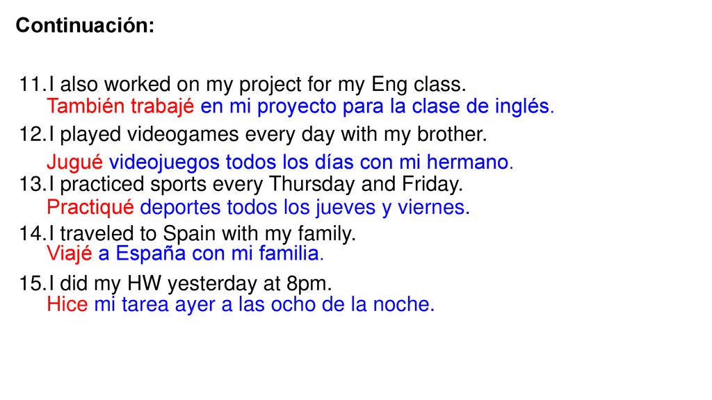 Continuación: I also worked on my project for my Eng class. I played videogames every day with my brother.