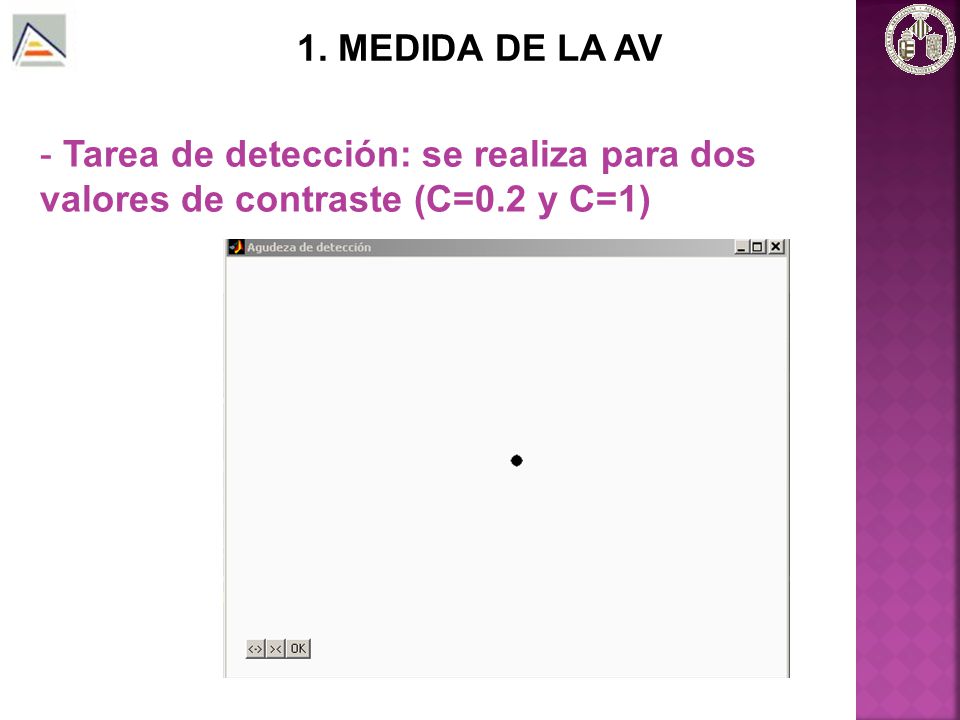 1. MEDIDA DE LA AV Tarea de detección: se realiza para dos valores de contraste (C=0.2 y C=1)