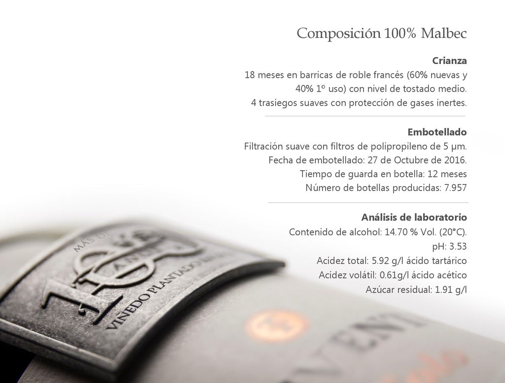 Composición 100% Malbec Crianza Embotellado Análisis de laboratorio