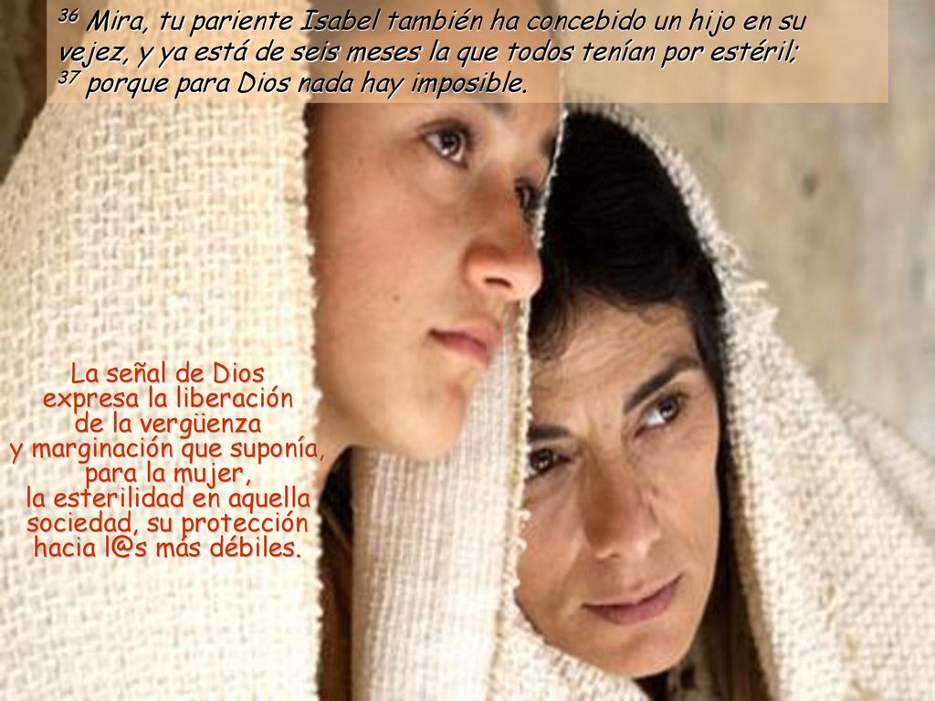 36 Mira, tu pariente Isabel también ha concebido un hijo en su vejez, y ya está de seis meses la que todos tenían por estéril; 37 porque para Dios nada hay imposible.