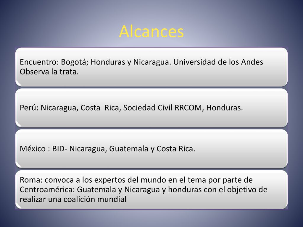 Alcances Encuentro: Bogotá; Honduras y Nicaragua. Universidad de los Andes Observa la trata.