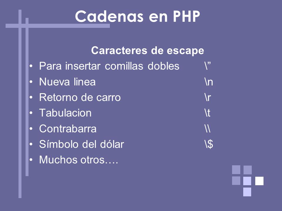 Cadenas en PHP Caracteres de escape Para insertar comillas dobles \