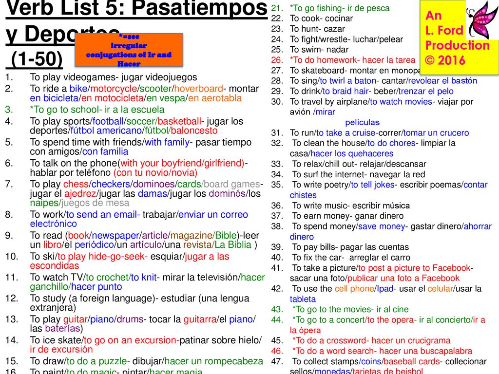 Verb List 5: Pasatiempos y Deportes (1-50)