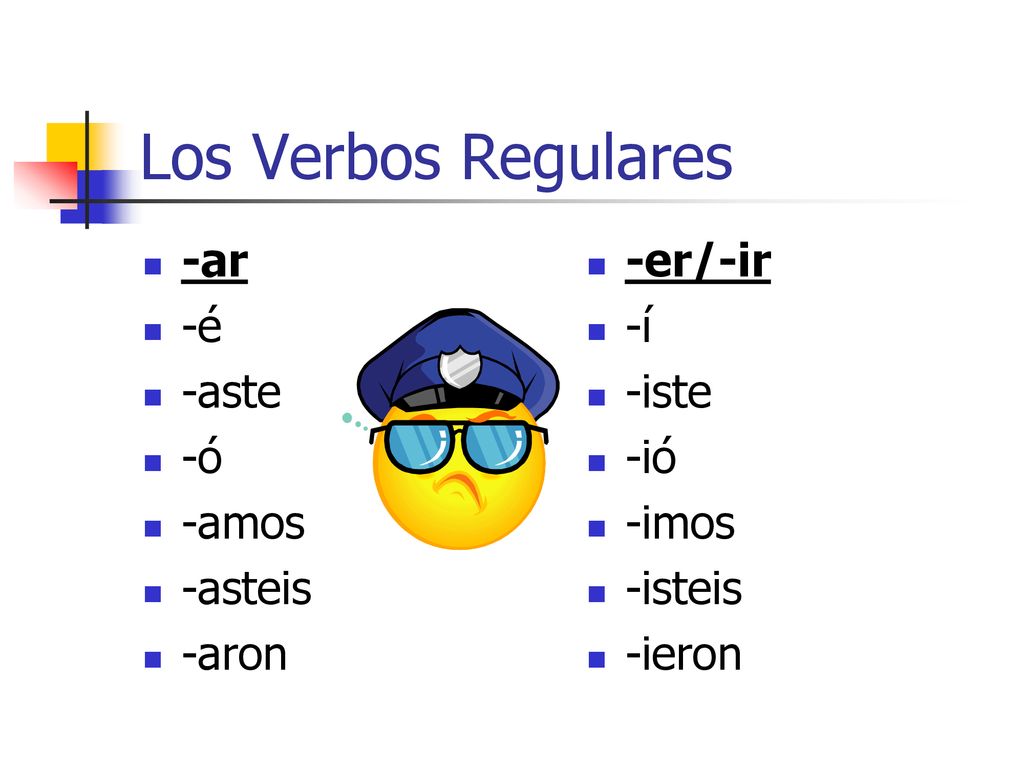 Los Verbos Regulares -ar -é -aste -ó -amos -asteis -aron -er/-ir -í