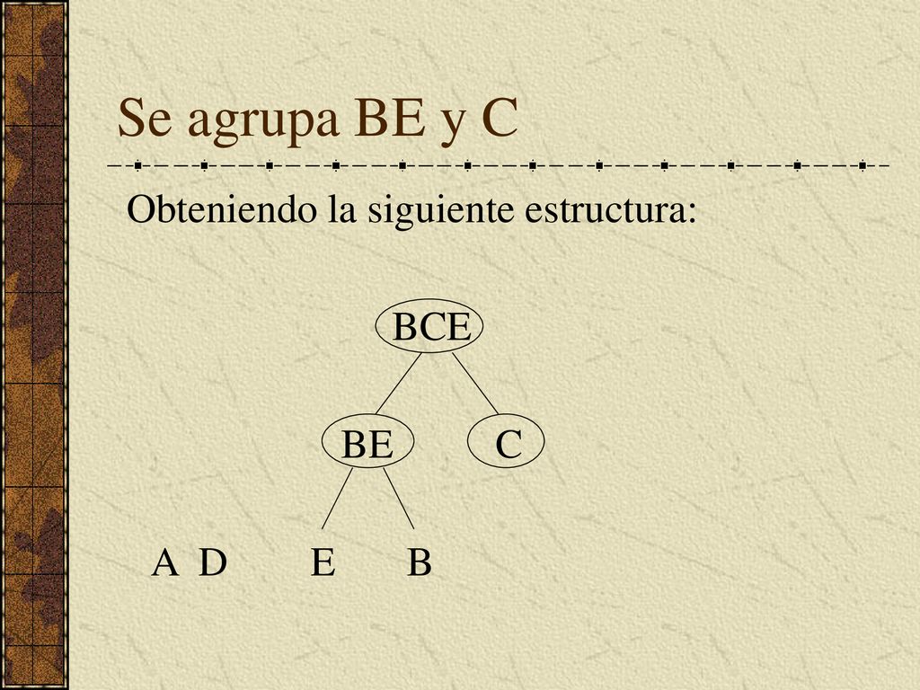 Se agrupa BE y C Obteniendo la siguiente estructura: BCE BE C A D E B