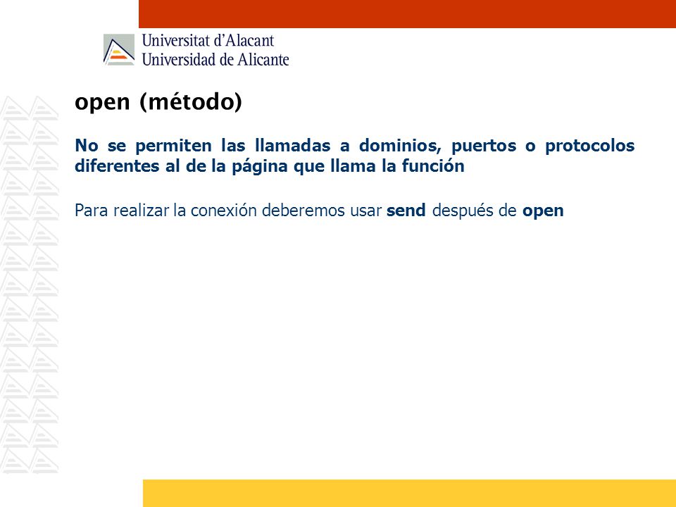open (método) No se permiten las llamadas a dominios, puertos o protocolos diferentes al de la página que llama la función.