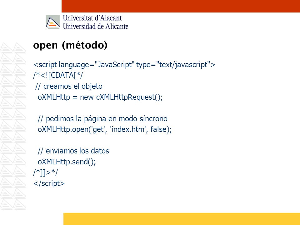 open (método) <script language= JavaScript type= text/javascript > /*<![CDATA[*/ // creamos el objeto.