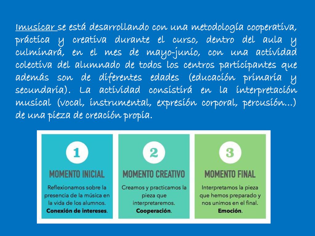 Imusicar se está desarrollando con una metodología cooperativa, práctica y creativa durante el curso, dentro del aula y culminará, en el mes de mayo-junio, con una actividad colectiva del alumnado de todos los centros participantes que además son de diferentes edades (educación primaria y secundaria).