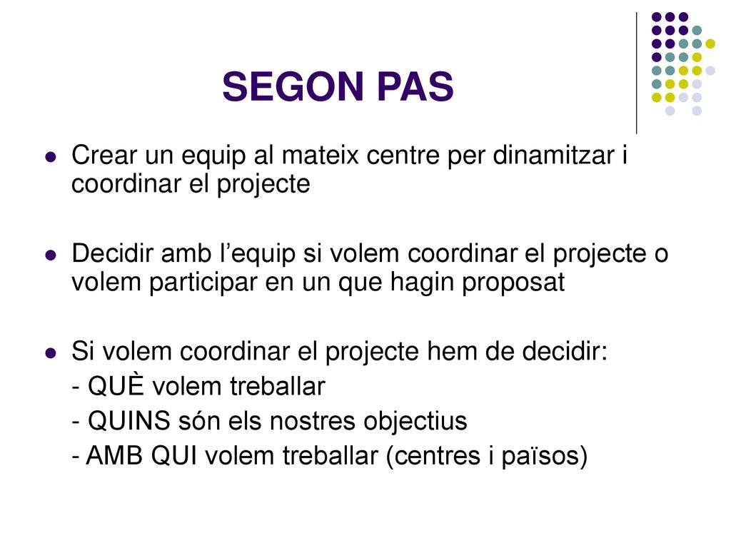SEGON PAS Crear un equip al mateix centre per dinamitzar i coordinar el projecte.