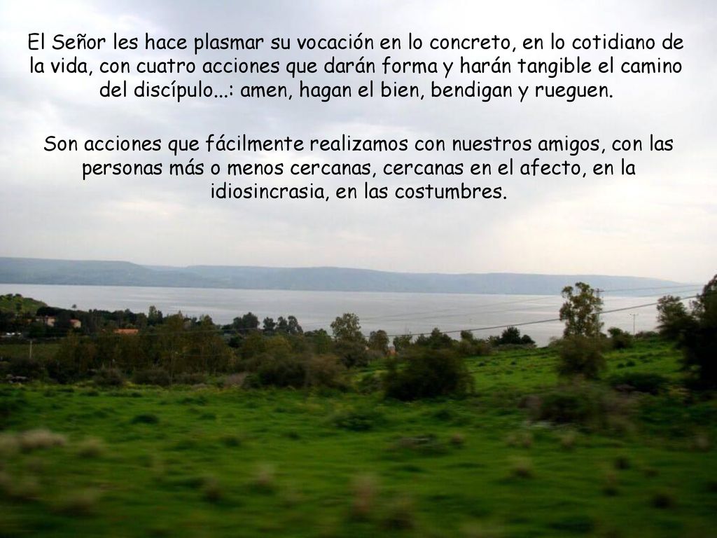 El Señor les hace plasmar su vocación en lo concreto, en lo cotidiano de la vida, con cuatro acciones que darán forma y harán tangible el camino del discípulo...: amen, hagan el bien, bendigan y rueguen.
