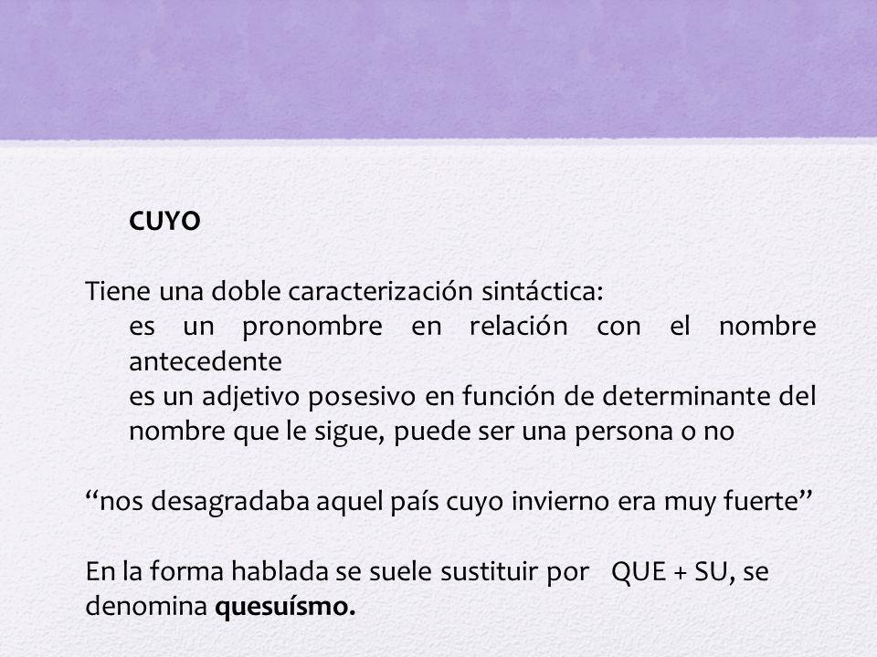 CUYO Tiene una doble caracterización sintáctica: es un pronombre en relación con el nombre antecedente.