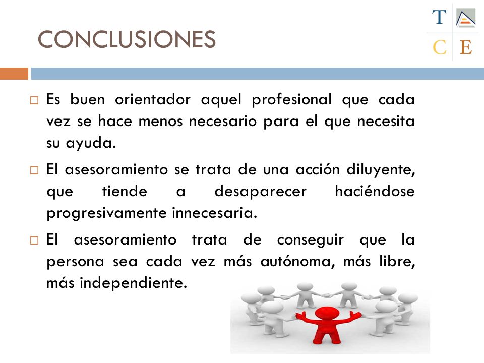 CONCLUSIONES Es buen orientador aquel profesional que cada vez se hace menos necesario para el que necesita su ayuda.