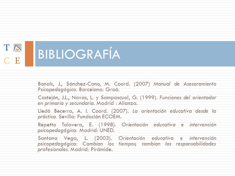 BIBLIOGRAFÍA Bonals, J., Sánchez-Cano, M. Coord. (2007) Manual de Asesoramiento Psicopedagógico. Barcelona: Graó.