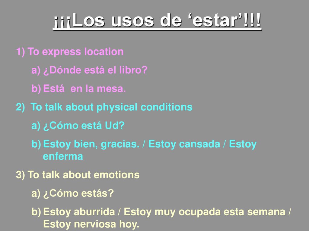 ¡¡¡Los usos de ‘estar’!!! To express location ¿Dónde está el libro