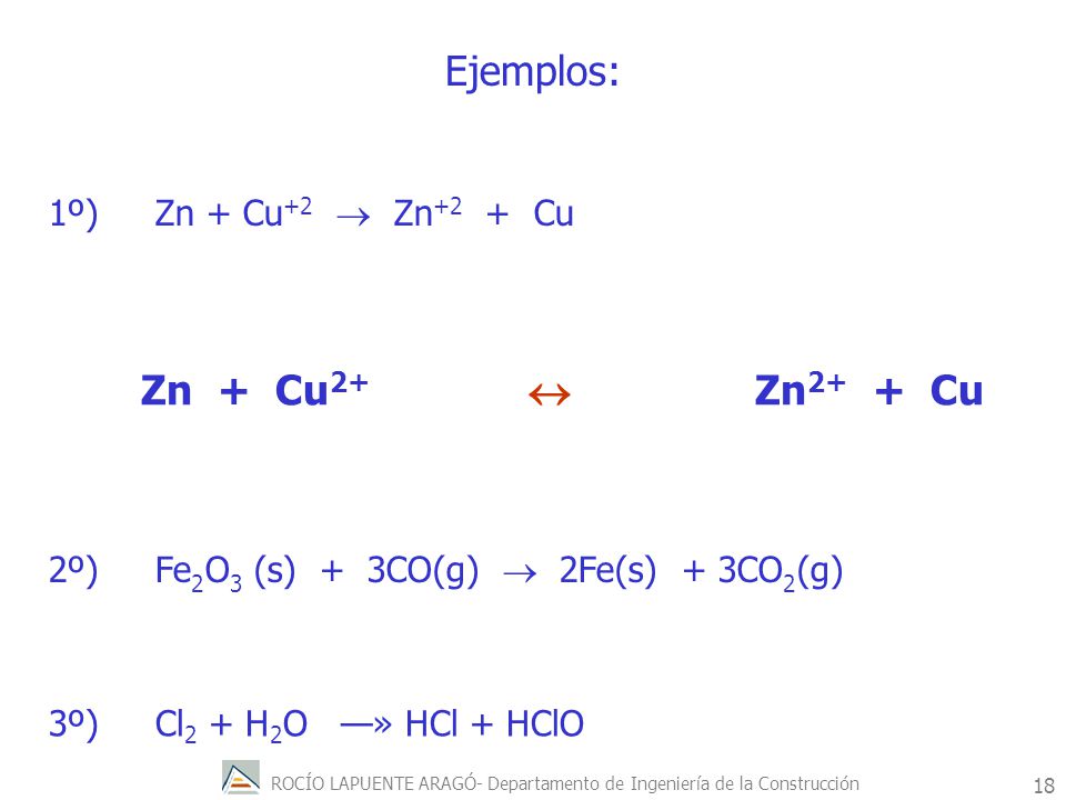 Ejemplos: Zn + Cu2+  Zn2+ + Cu 1º) Zn + Cu+2  Zn+2 + Cu