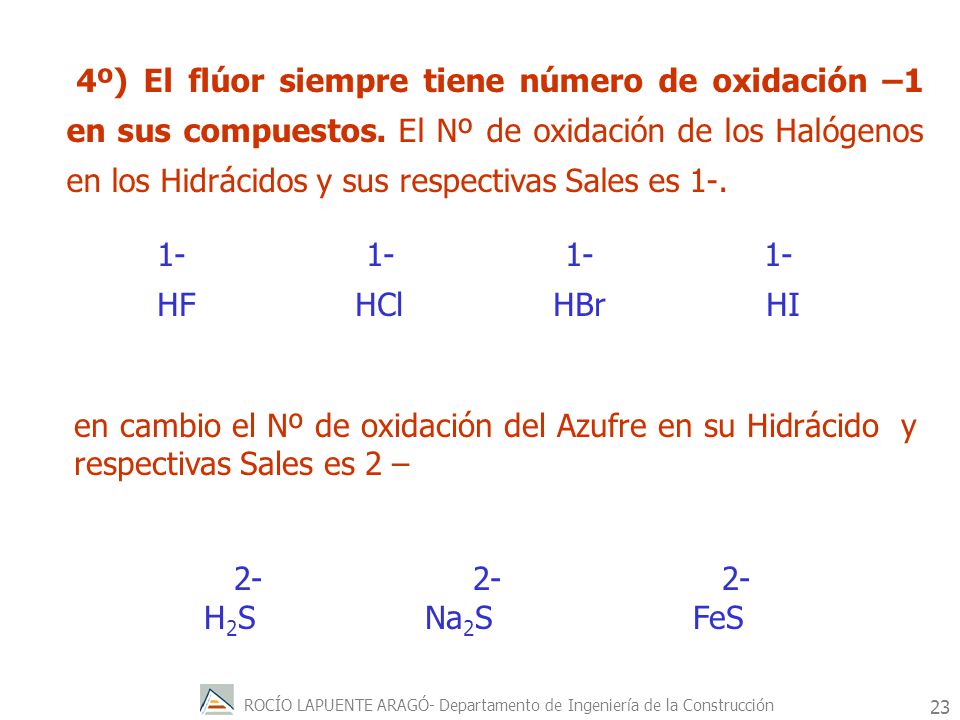 4º) El flúor siempre tiene número de oxidación –1 en sus compuestos