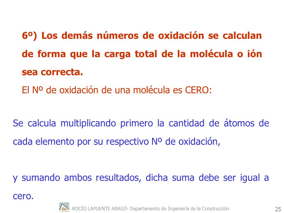 6º) Los demás números de oxidación se calculan de forma que la carga total de la molécula o ión sea correcta.