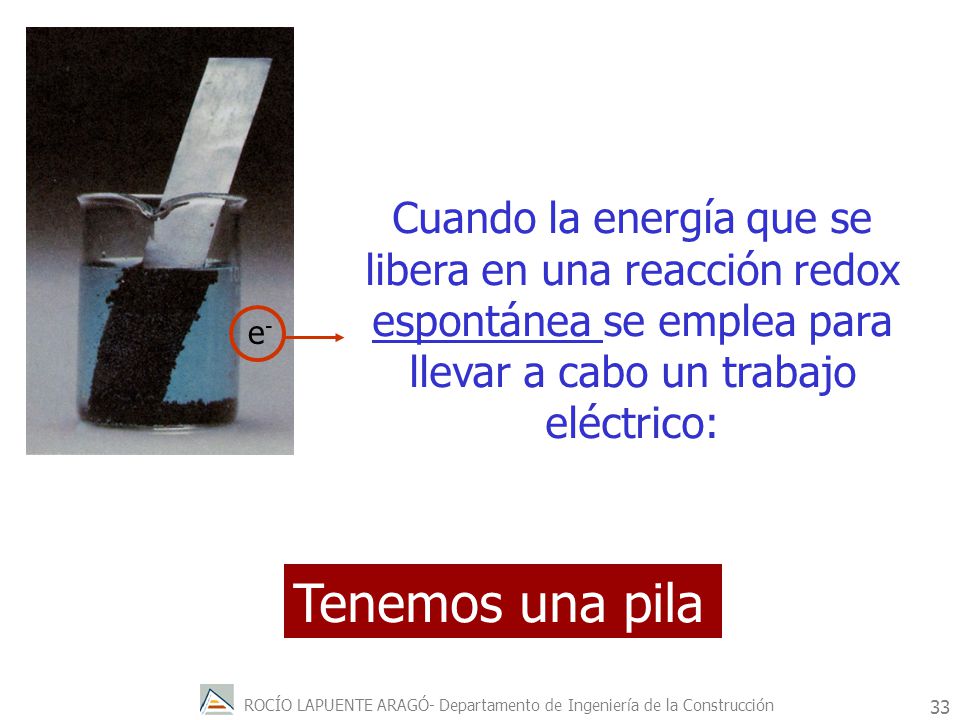 Cuando la energía que se libera en una reacción redox espontánea se emplea para llevar a cabo un trabajo eléctrico: