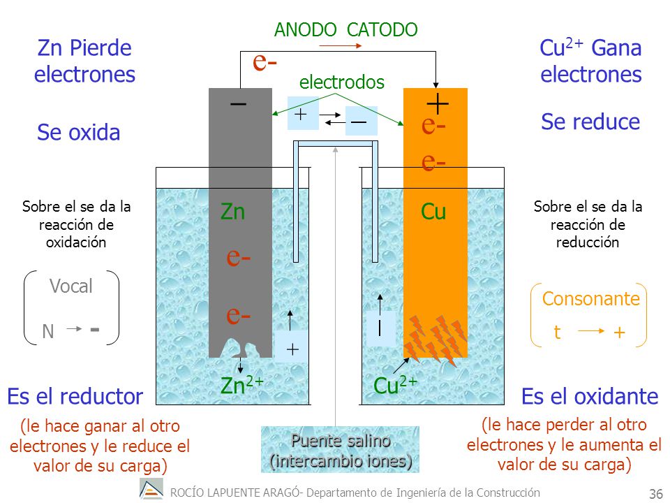 + e- e- e- e- e- _ Zn Pierde electrones Cu2+ Gana electrones +