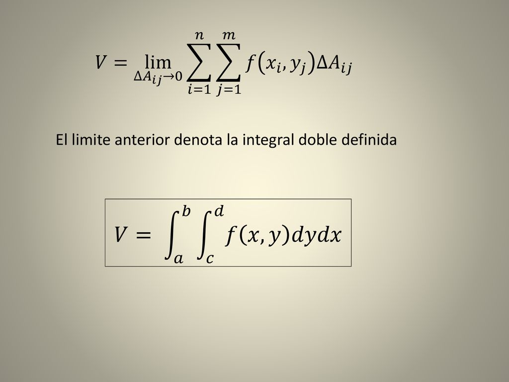 𝑉= 𝑎 𝑏 𝑐 𝑑 𝑓 𝑥,𝑦 𝑑𝑦𝑑𝑥 𝑉= lim ∆ 𝐴 𝑖𝑗 →0 𝑖=1 𝑛 𝑗=1 𝑚 𝑓 𝑥 𝑖 , 𝑦 𝑗 ∆ 𝐴 𝑖𝑗