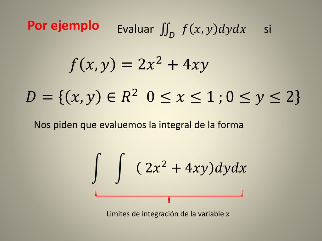 𝑓 𝑥,𝑦 =2 𝑥 2 +4𝑥𝑦 𝐷= 𝑥,𝑦 ∈ 𝑅 2 0≤𝑥≤1 ;0≤𝑦≤2 Por ejemplo