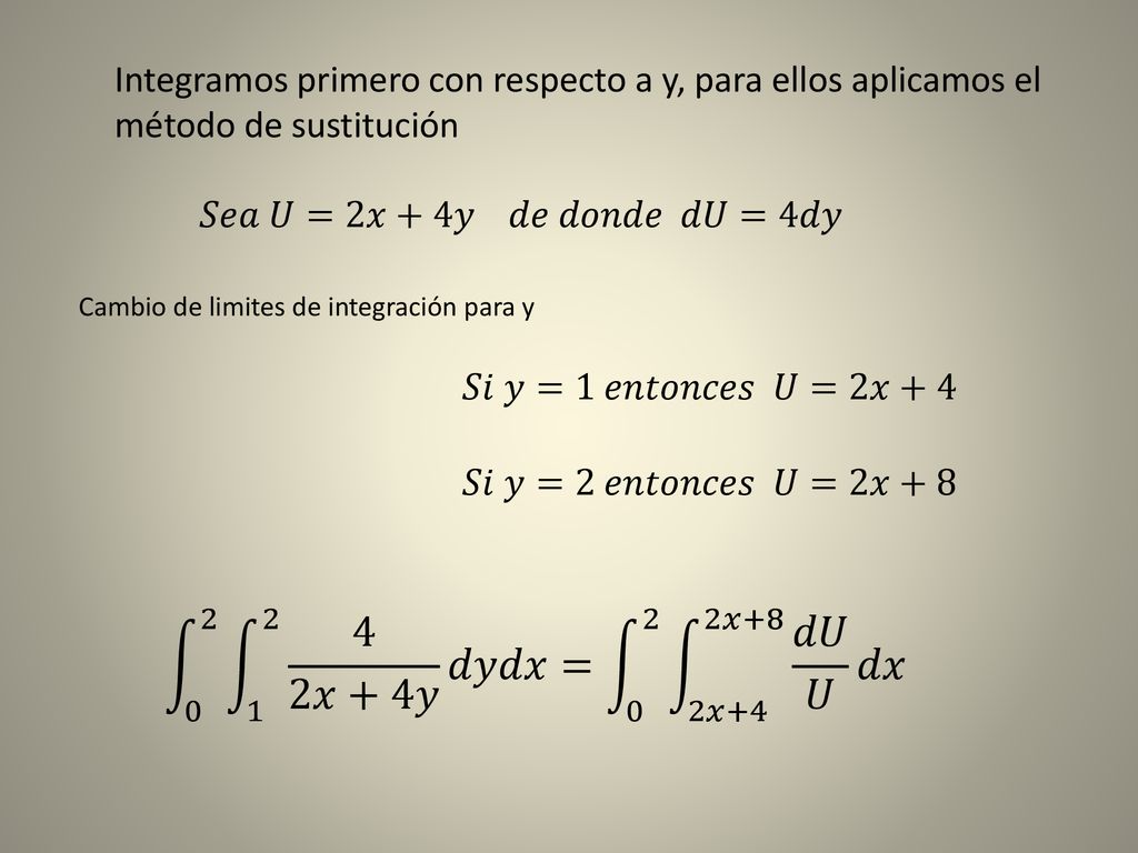 Integramos primero con respecto a y, para ellos aplicamos el método de sustitución