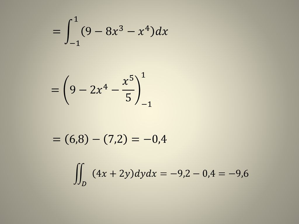 = −1 1 9−8 𝑥 3 − 𝑥 4 𝑑𝑥 = 9−2 𝑥 4 − 𝑥 5 5 −1 1 = 6,8 − 7,2 =−0,4 𝐷 4𝑥+2𝑦 𝑑𝑦𝑑𝑥=−9,2−0,4=−9,6