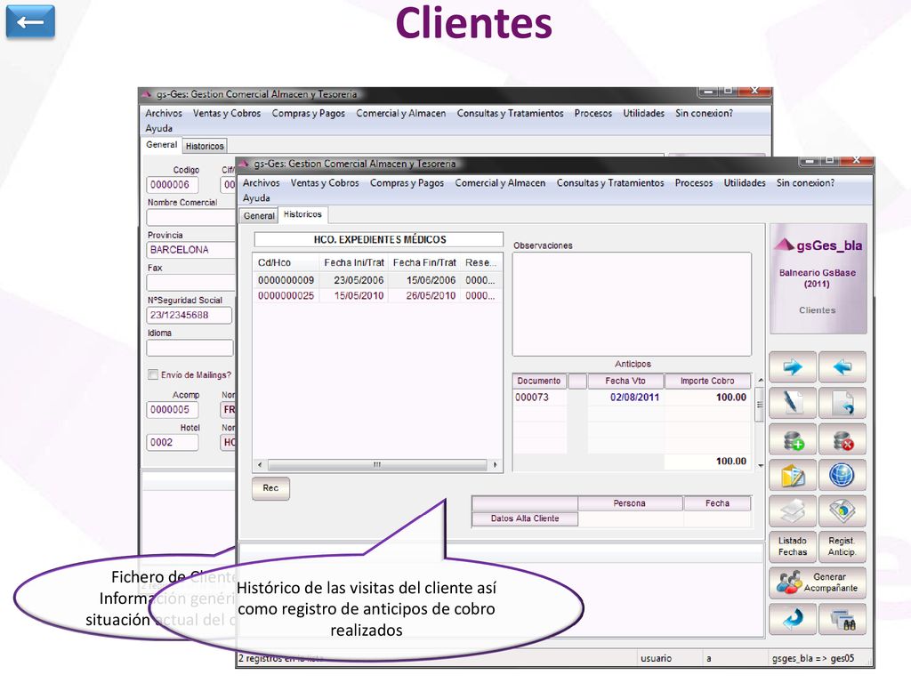 ← Clientes. Fichero de Clientes. Información genérica y situación actual del cliente.