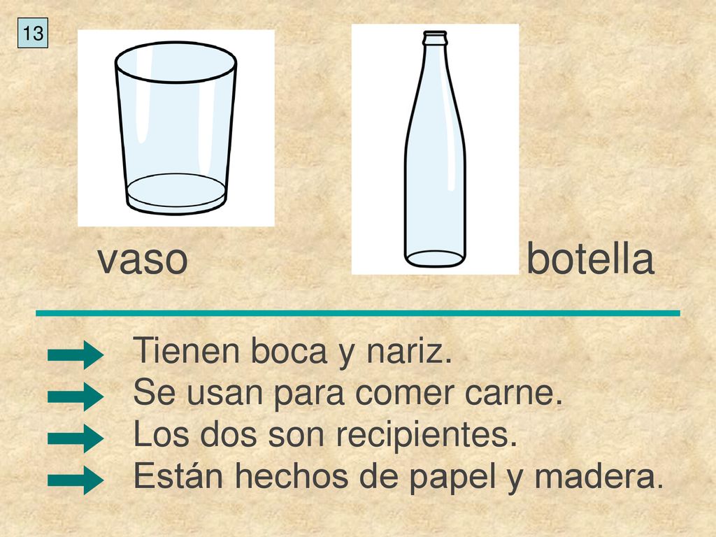 vaso botella Tienen boca y nariz. Se usan para comer carne.
