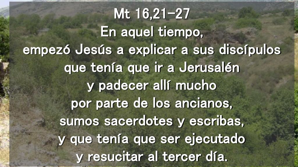 Mt 16,21-27 En aquel tiempo, empezó Jesús a explicar a sus discípulos que tenía que ir a Jerusalén y padecer allí mucho por parte de los ancianos, sumos sacerdotes y escribas, y que tenía que ser ejecutado y resucitar al tercer día.