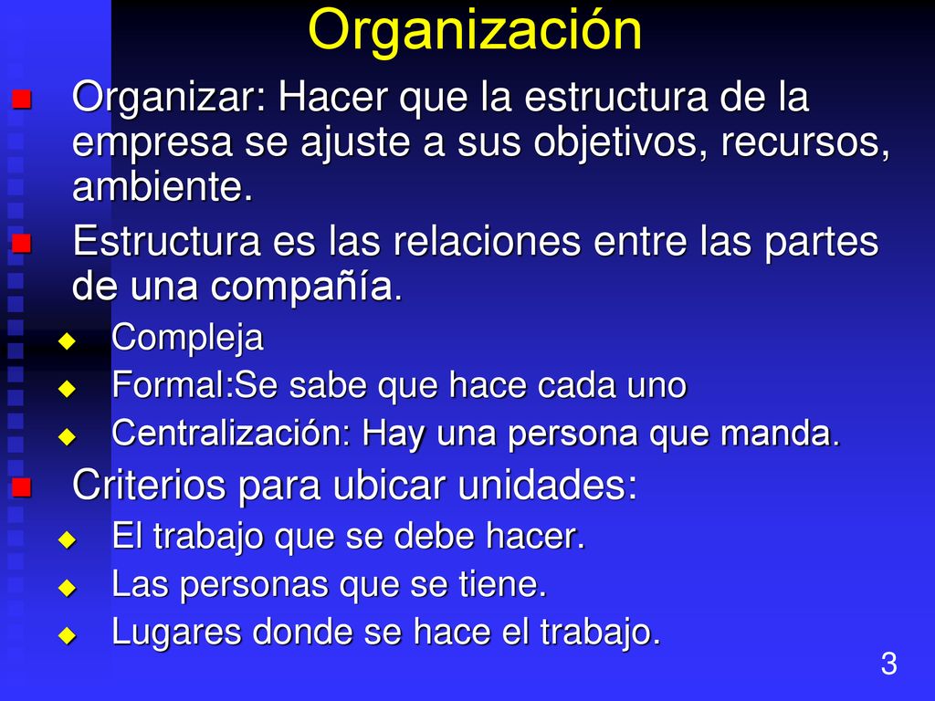 Organización Organizar: Hacer que la estructura de la empresa se ajuste a sus objetivos, recursos, ambiente.
