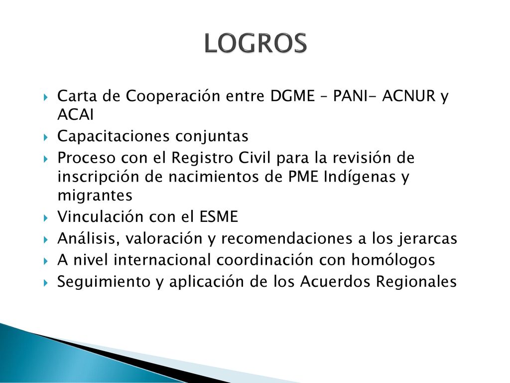 LOGROS Carta de Cooperación entre DGME – PANI- ACNUR y ACAI