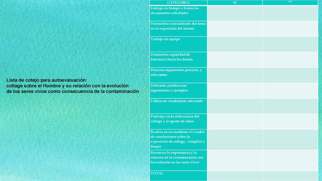CATEGORIA SI. NO. Entrega en tiempo y forma los documentos solicitados. Demuestra conocimiento del tema en la exposición del mismo.
