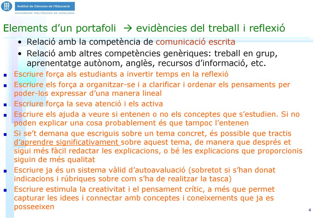 Elements d’un portafoli  evidències del treball i reflexió