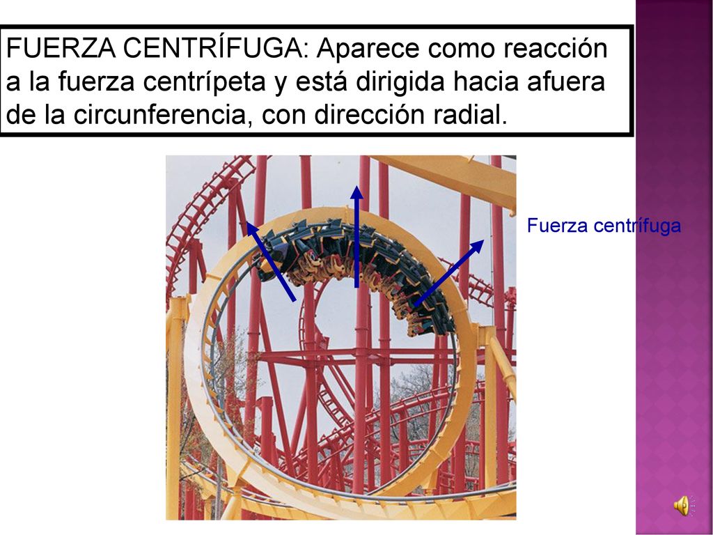 FUERZA CENTRÍFUGA: Aparece como reacción a la fuerza centrípeta y está dirigida hacia afuera de la circunferencia, con dirección radial.