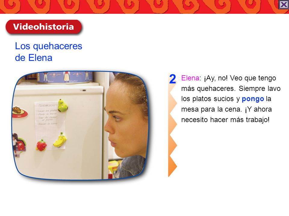 2 Los quehaceres de Elena Elena: ¡Ay, no! Veo que tengo