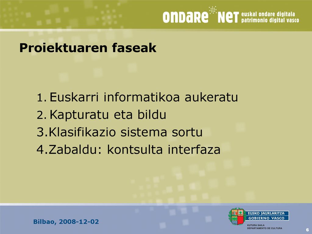 Proiektuaren faseak Euskarri informatikoa aukeratu. Kapturatu eta bildu. 3.Klasifikazio sistema sortu.
