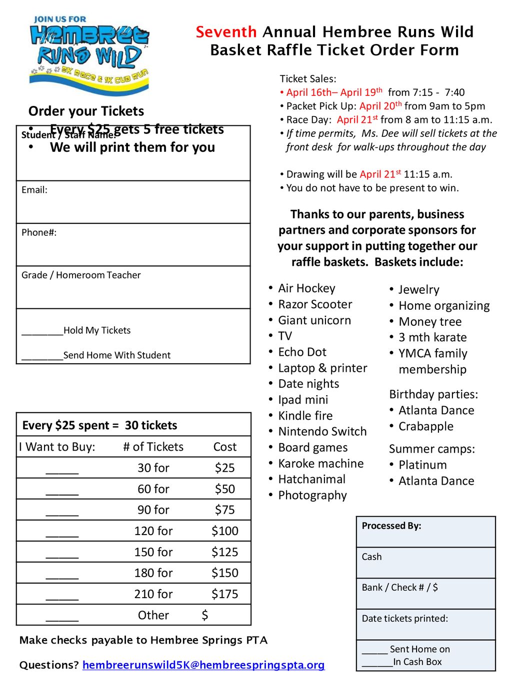 Seventh Annual Hembree Runs Wild Basket Raffle Ticket Order Form