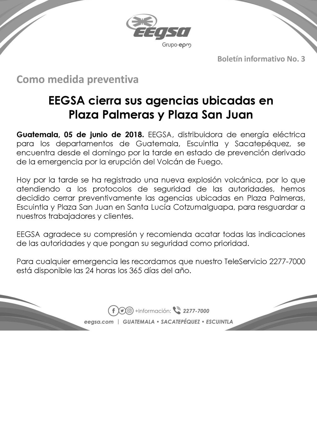 EEGSA cierra sus agencias ubicadas en Plaza Palmeras y Plaza San Juan