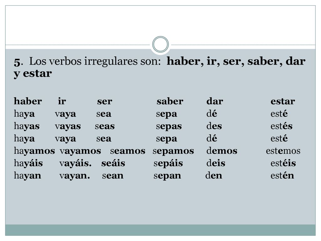 5. Los verbos irregulares son: haber, ir, ser, saber, dar y estar