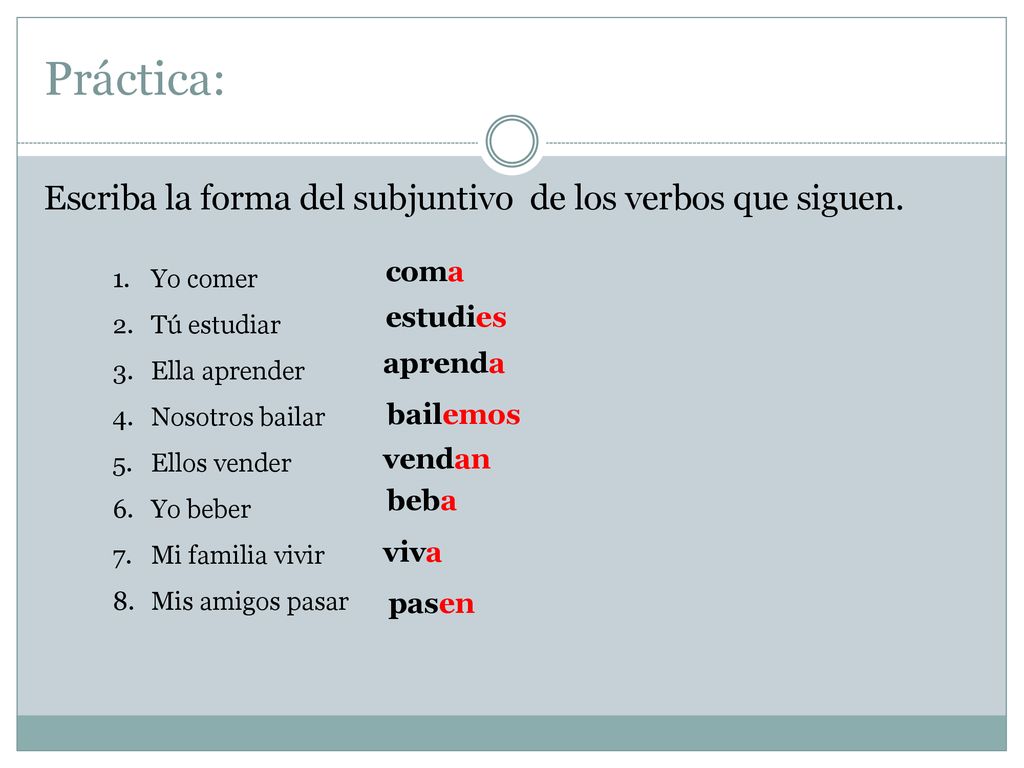 Práctica: Escriba la forma del subjuntivo de los verbos que siguen.